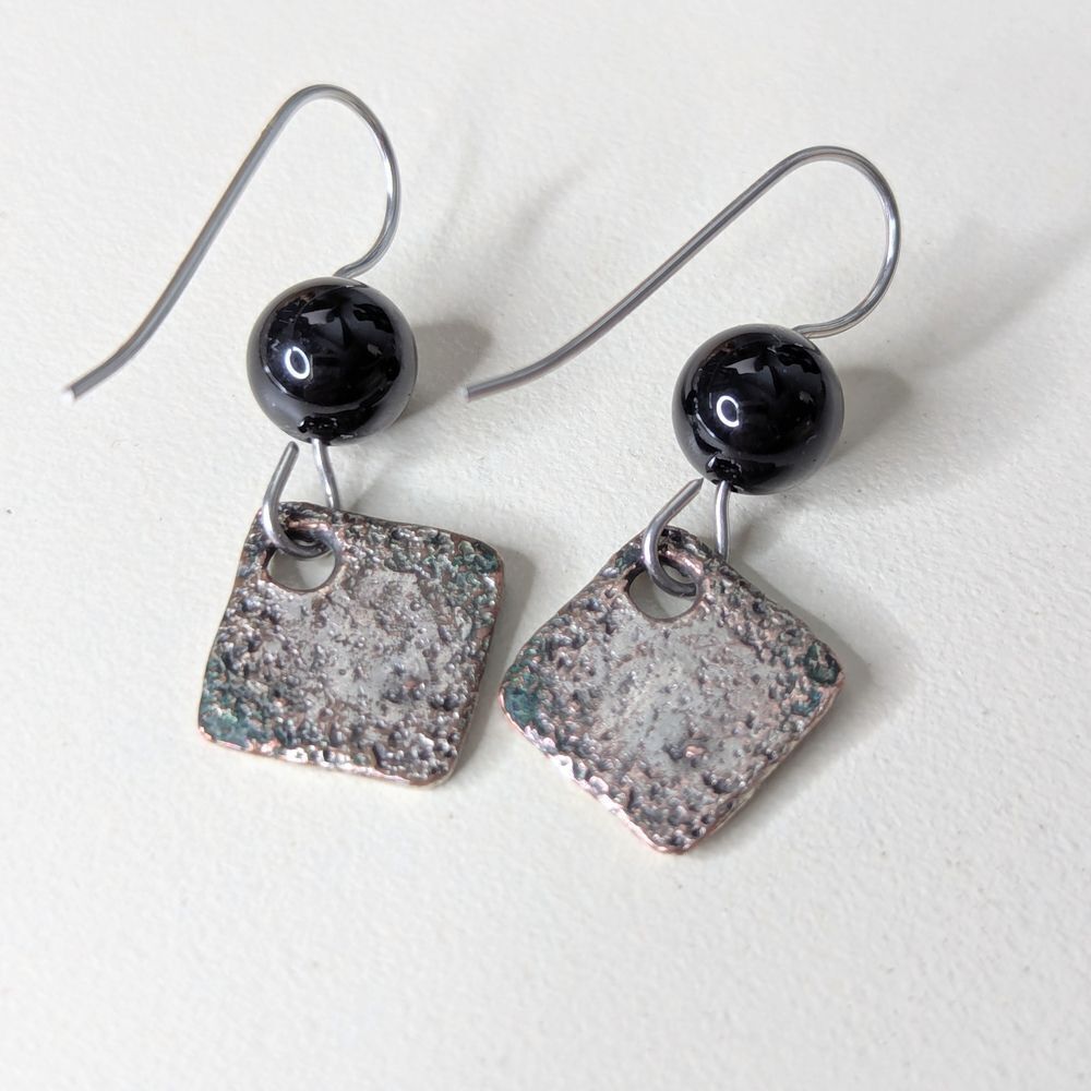 Art Fair Textured & Distressed Silver Black Bead Earrings 1.5"